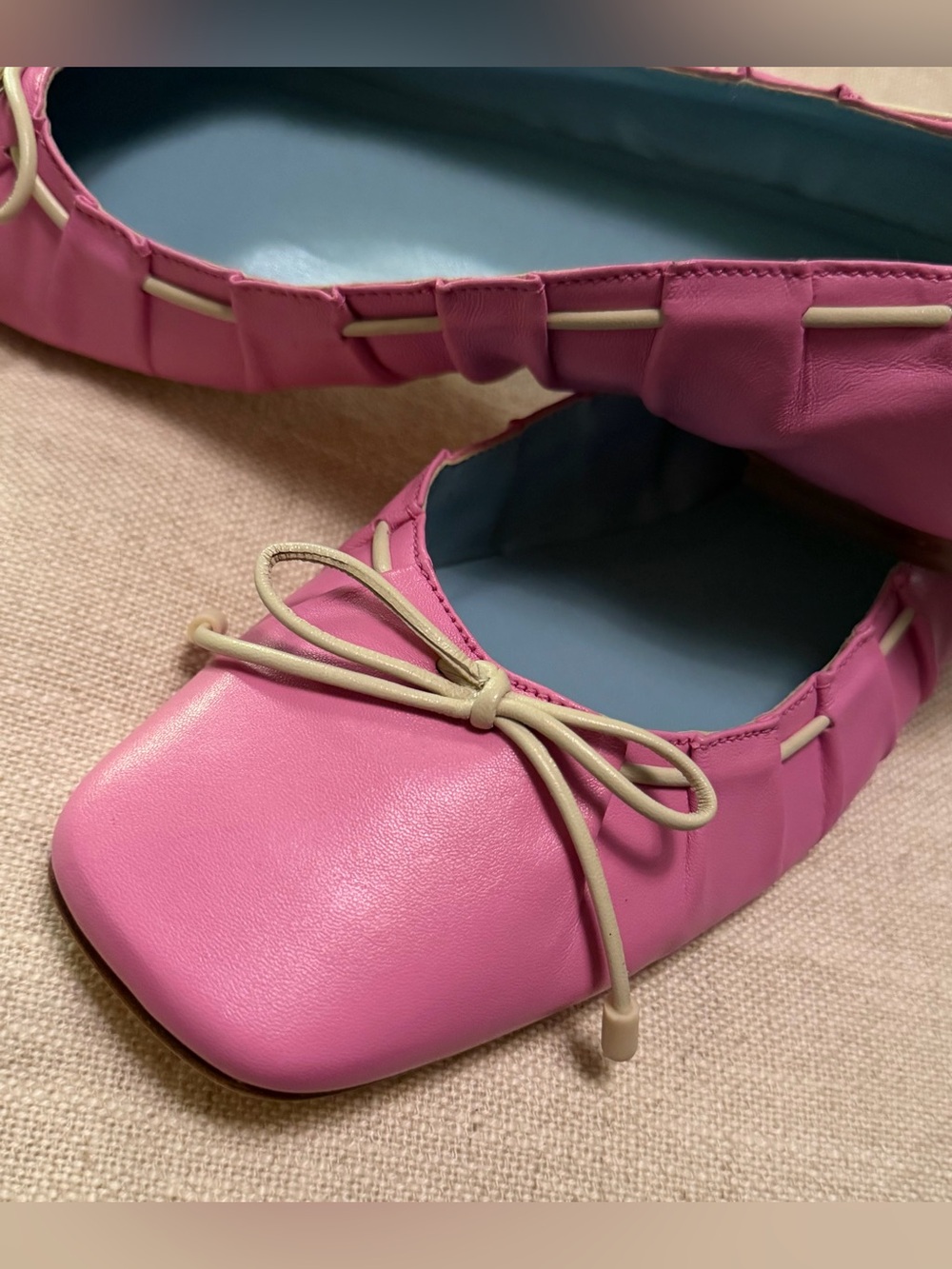 Women's Pink Square-Toe Ballet Flats with Cream Trim and Bow